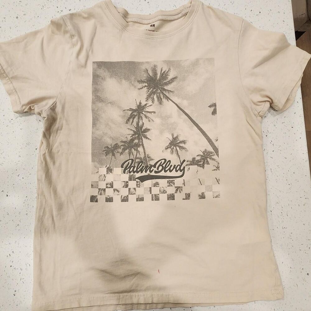 H&M Kids Cream Palm Tree Graphic T-Shirt - Size 8Y - Summer Beach Tee